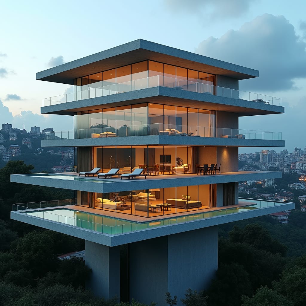 Ultra-modern, 4-story, 10-bedroom Jamaican mansion with sleek glass façade, expansive windows, and cantilevered concrete platforms, set amidst the bustling cityscape, featuring crystal-clear glass pools that appear to float in mid-air.