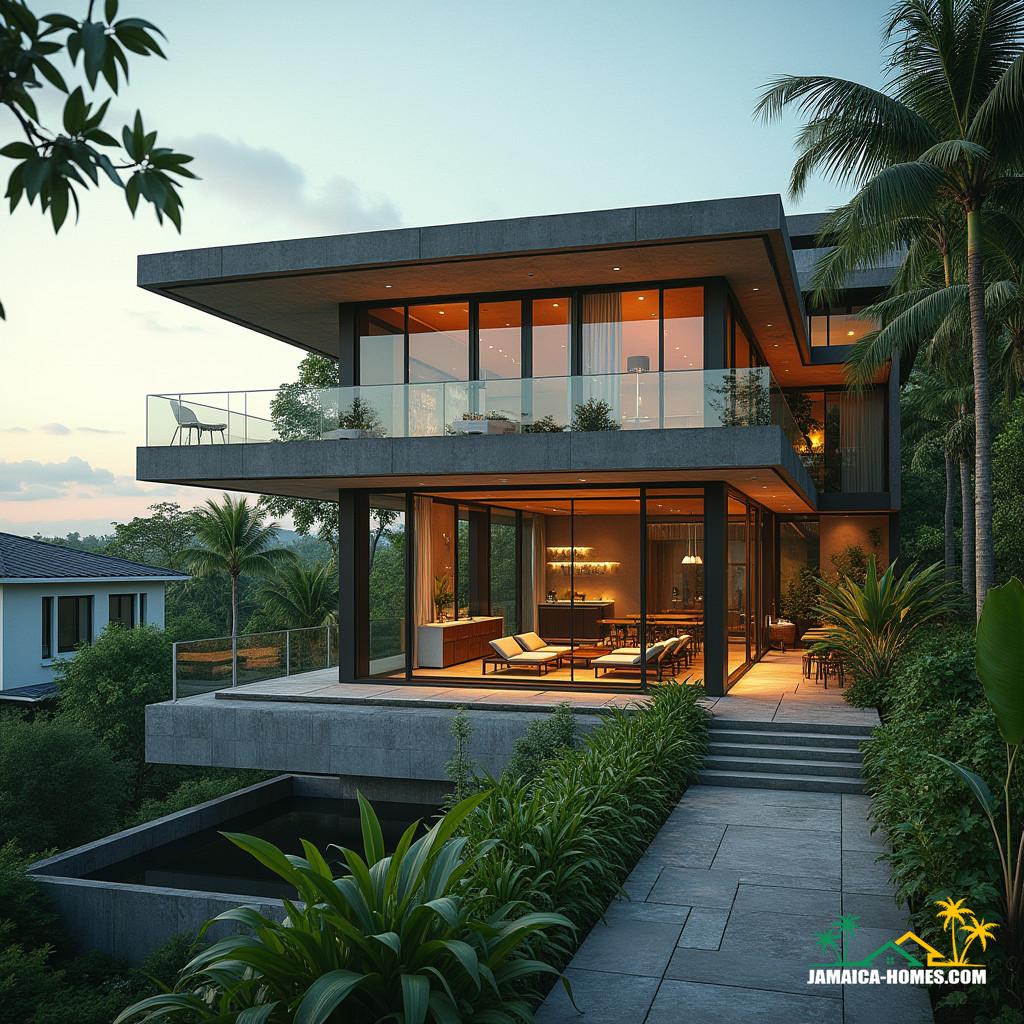 Ultra-modern urban house in the heart of Kingston, Jamaica, seamlessly blending industrial and tropical design elements. Exposed steel beams, concrete walls, and expansive glass panels juxtaposed with lush greenery and warm wooden accents, evoking a sense of harmony between nature and technology. Flexible live-work spaces, smart home technology, and a rooftop lounge area offering breathtaking views of the cityscape.